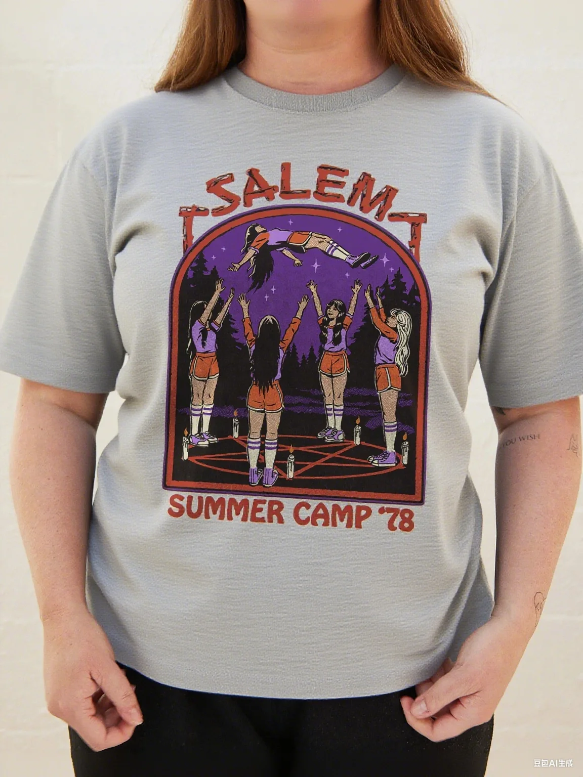 Salem Cheerleader Witch Tee, Occult Humor T-Shirt with Retro Cheerleaders & Pentagram Print, Witchy Casual Cotton Top