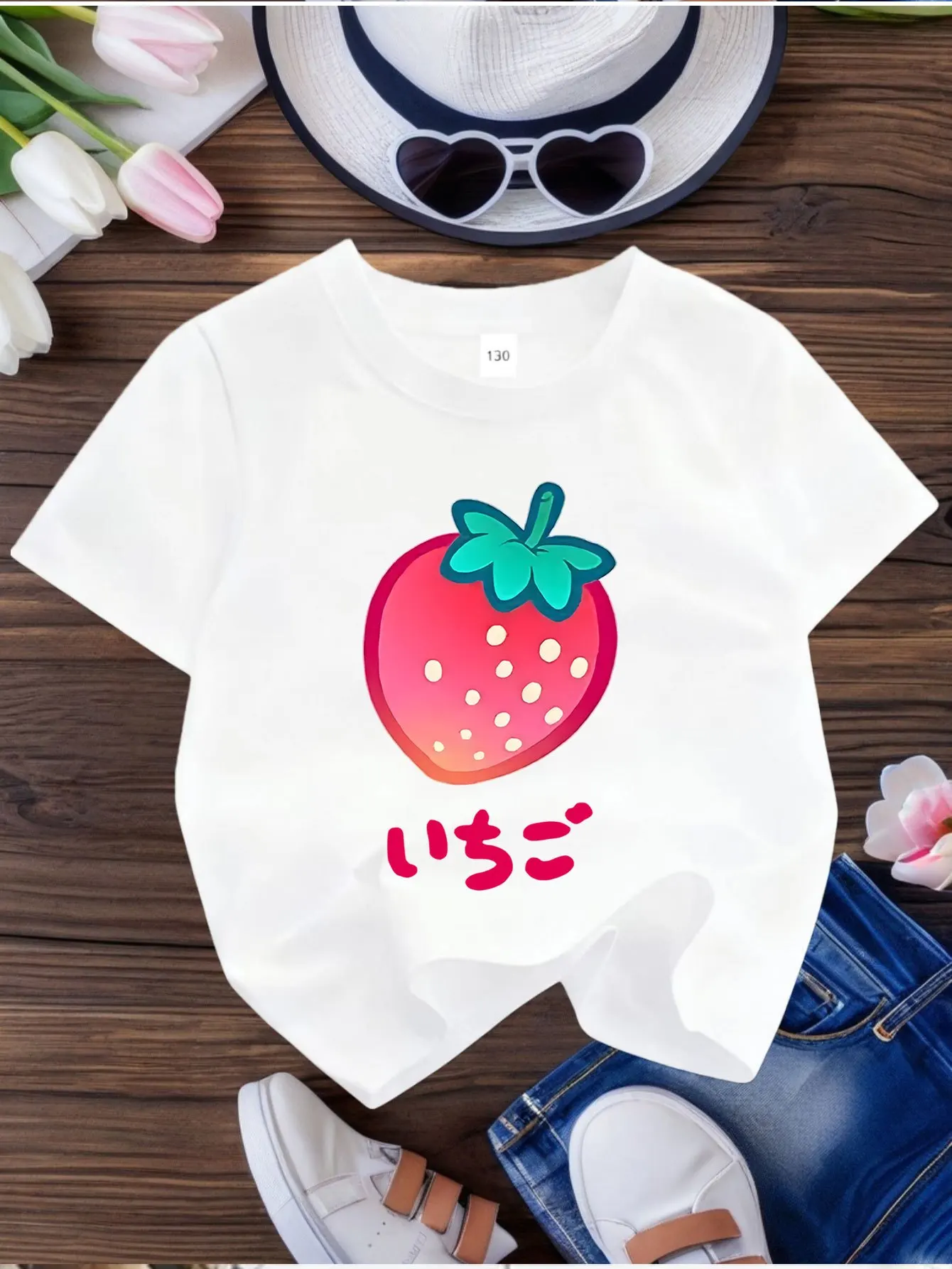 Kawaii Red Strawberry Japanese Letter Cute Fruit Print Kids T Shirt Boys Girls Family Matching Summer Crew Neck Casual Tee