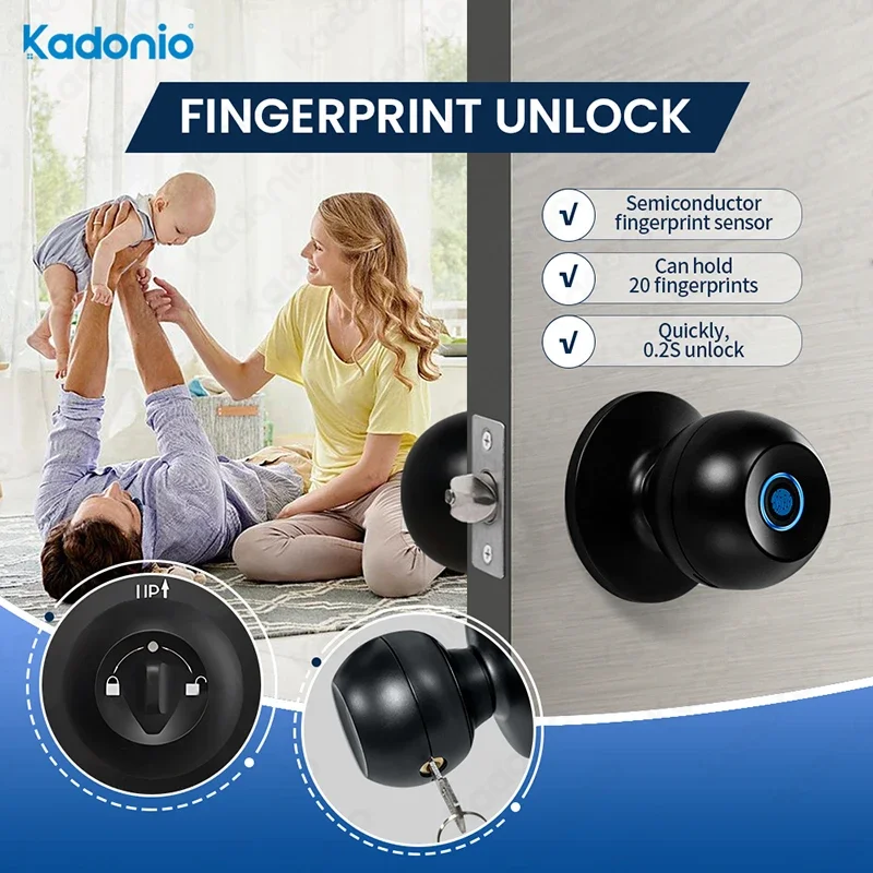 Kadonio Brushed Nickel Door Handle Smart Fingerprint Door Lock Privacy Mortice Door Knob Tuya BLE APP Control