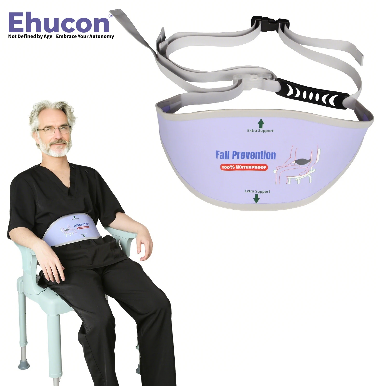 Ehucon Shower Chair Safety Belt,Anti-Slip Strap with Wide Padded Support, Adjustable Waterproof Fall Prevention Belt for Elderly