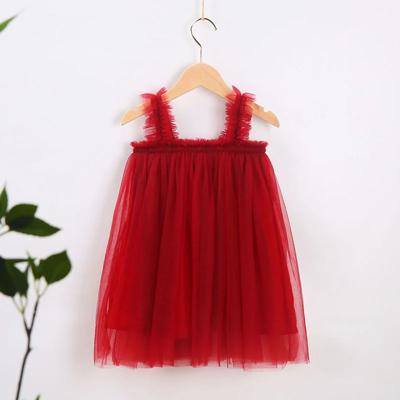 2024 New Summer Little Girls reggicalze Princess Dress 8 colori elegante Ruffles tinta unita Mesh Dress 9M-6T