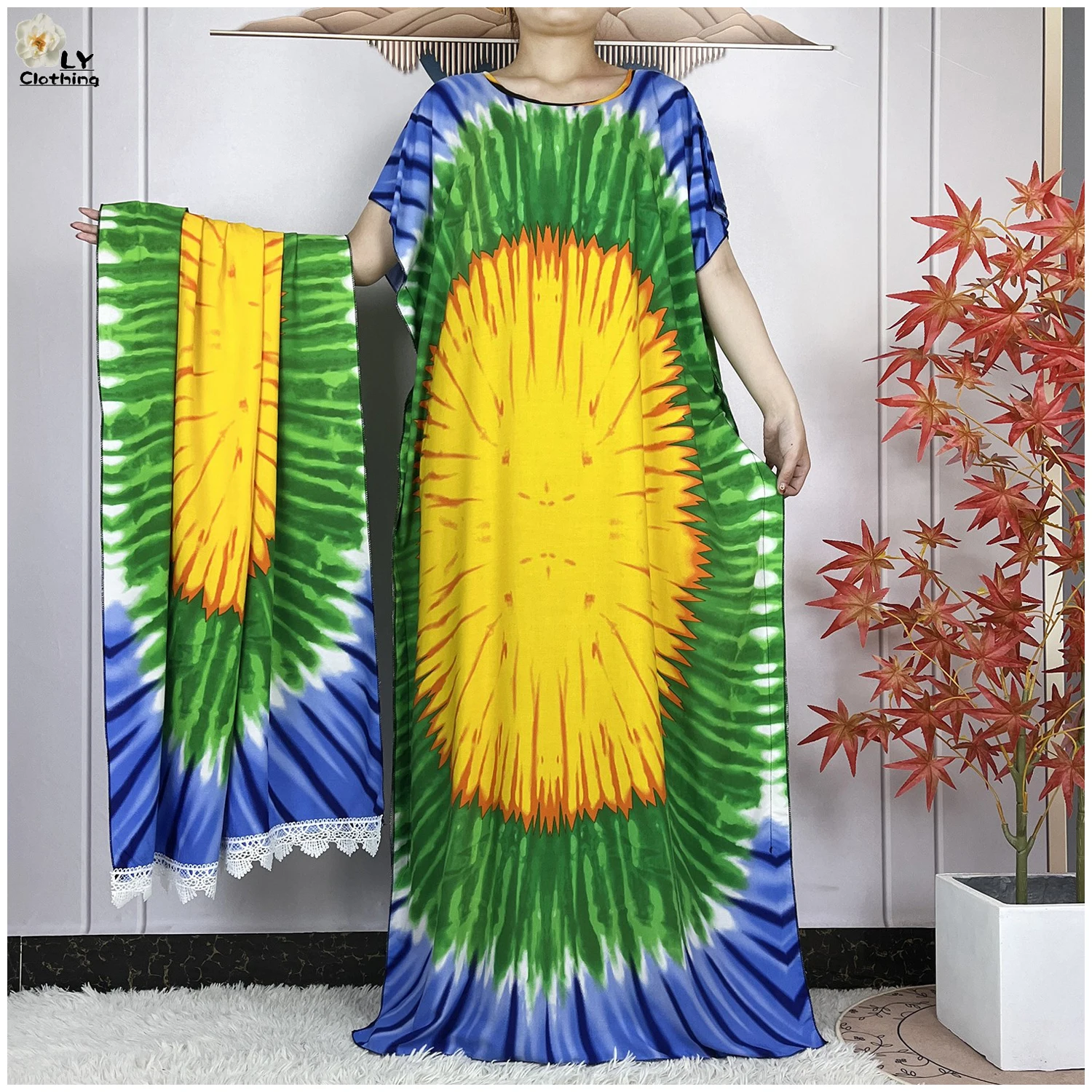 

2024 New Fashion Printed African Dashiki Women Cotton Short Sleeves Loose Femme Robe Muslim Abayas Islam Dresses With Big Scarf