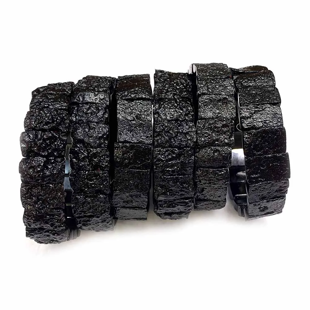 Veemake Natural Black Tektite Genuine Raw Mineral Flat Rectangle Rough Matte Stretch Bracelet Jewelry Beads 07593