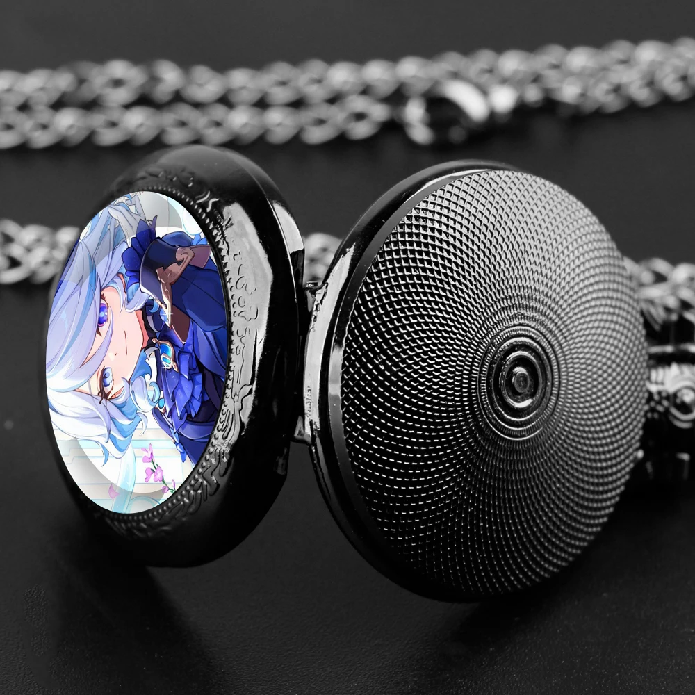 Genshin Impact-Themed Glass Dome Quartz Pocket Timepiece Equipped Wear-Resistant Chain Arabic Numeral Dial Birthday Presents
