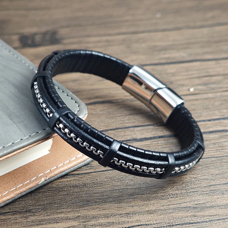 Pulsera de Cuero y Acero Inoxidable para Hombre, Cadena de Perlas Cuadradas, Cierre Magnético, Brazalete para Papá, Novio, Amante, Regalos de Cumpleaños