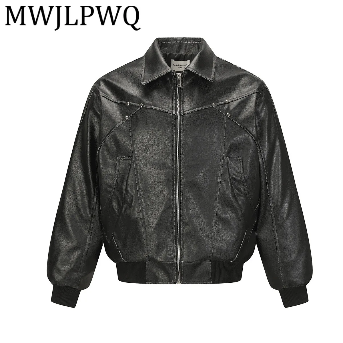 

MWJLPWQ Американская потрескавшаяся кожаная мотоциклетная куртка с заклепками, мужские топы с длинными рукавами и лацканами, модная осенняя новинка 2024, 21293