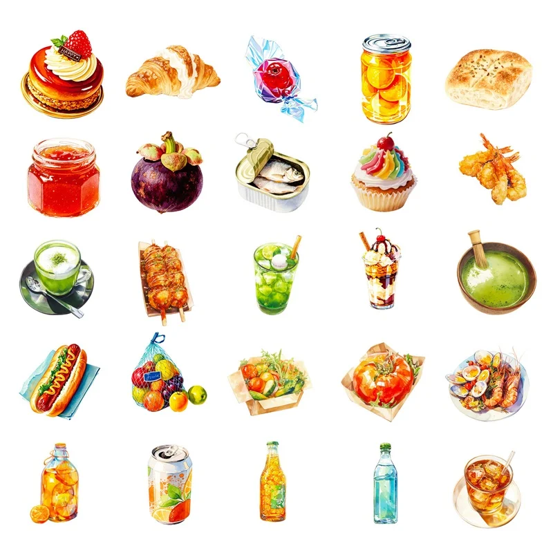 10/30/56PCS Cartoon Food PVC Sticky Sticker Aesthetic DIY Colored Korean Decoration Scrapbooking Supplies