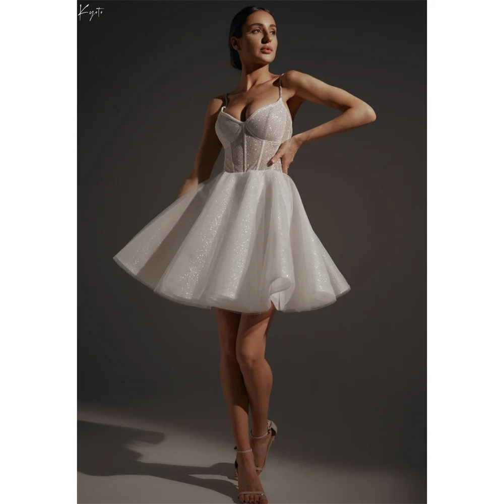 

Kyoto Customized Ivory Glitter Short Wedding Dress Spaghetti Strap Pleats vestidos de novia Lace-Up Backless Formal Evening 2025