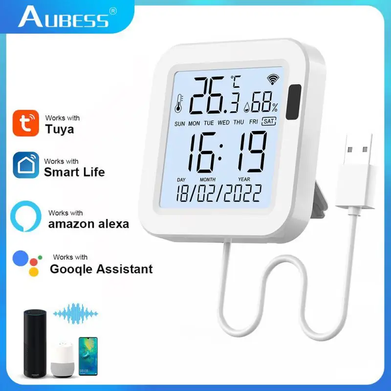 Tuya Smart Temperature Humidity Sensor USB Charging With LCD Display Screen Remote Monitoring Voice Control Support Alexa Google