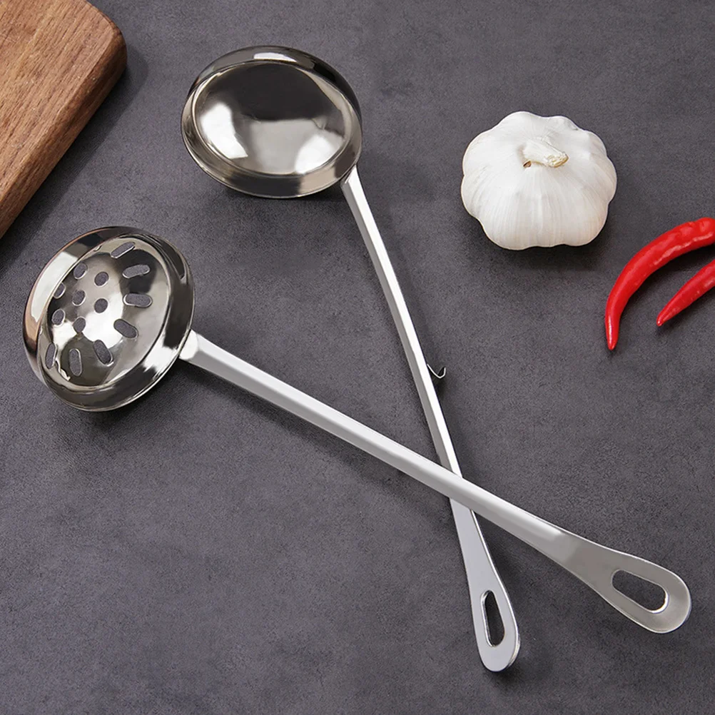 

2Pcs Hot Pot Spoon Colander Set Stainless Steel Long Handle with Hanging Hook Oil Filter Serving Tool for Soup Noodles 7Cm