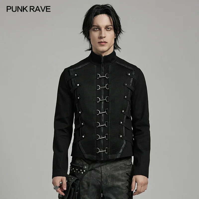 PUNK RAVE Men's Punk Twill Heavy Industry Texture Layered Cool Coat Decorative Loop At Back Casual Mens Jacket Autumn