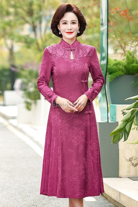 

2025 улучшенное китайское ретро элегантное стильное вечернее платье Cheongsam с длинным рукавом и воротником-стойкой, свободное стильное женское жаккардовое платье Ципао