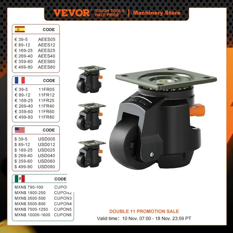 VEVOR 2in/2.5in Leveling Casters Set of 4 with Handle Feet 360° Degree Swivel Adjustable Caster Wheels for Workbench Machine