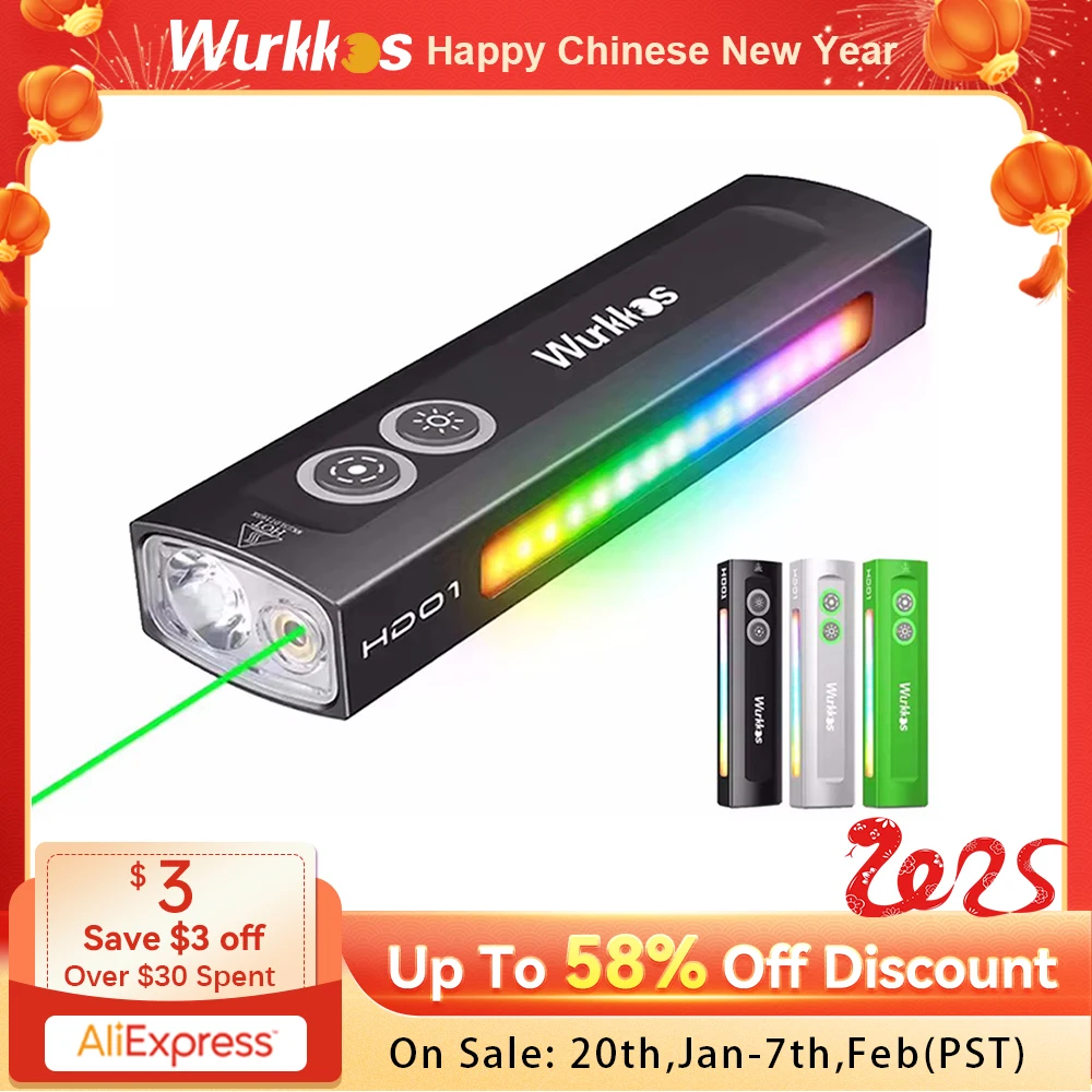 Wurkkos-HD01 مصباح يدوي متعدد الوظائف 1200 LM مع ضوء أخضر وضوء أبيض وأضواء RGB جانبية 90CRI IP65 مقاومة للماء للمشي لمسافات طويلة