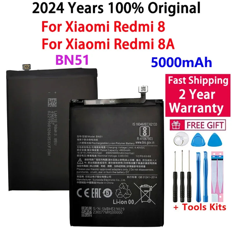 

2024 Years 100% Orginal BN51 5000mAh Battery For Xiaomi Redmi 8 Redmi 8A Redmi8 Replacement Batteries Bateria Fast Shipping