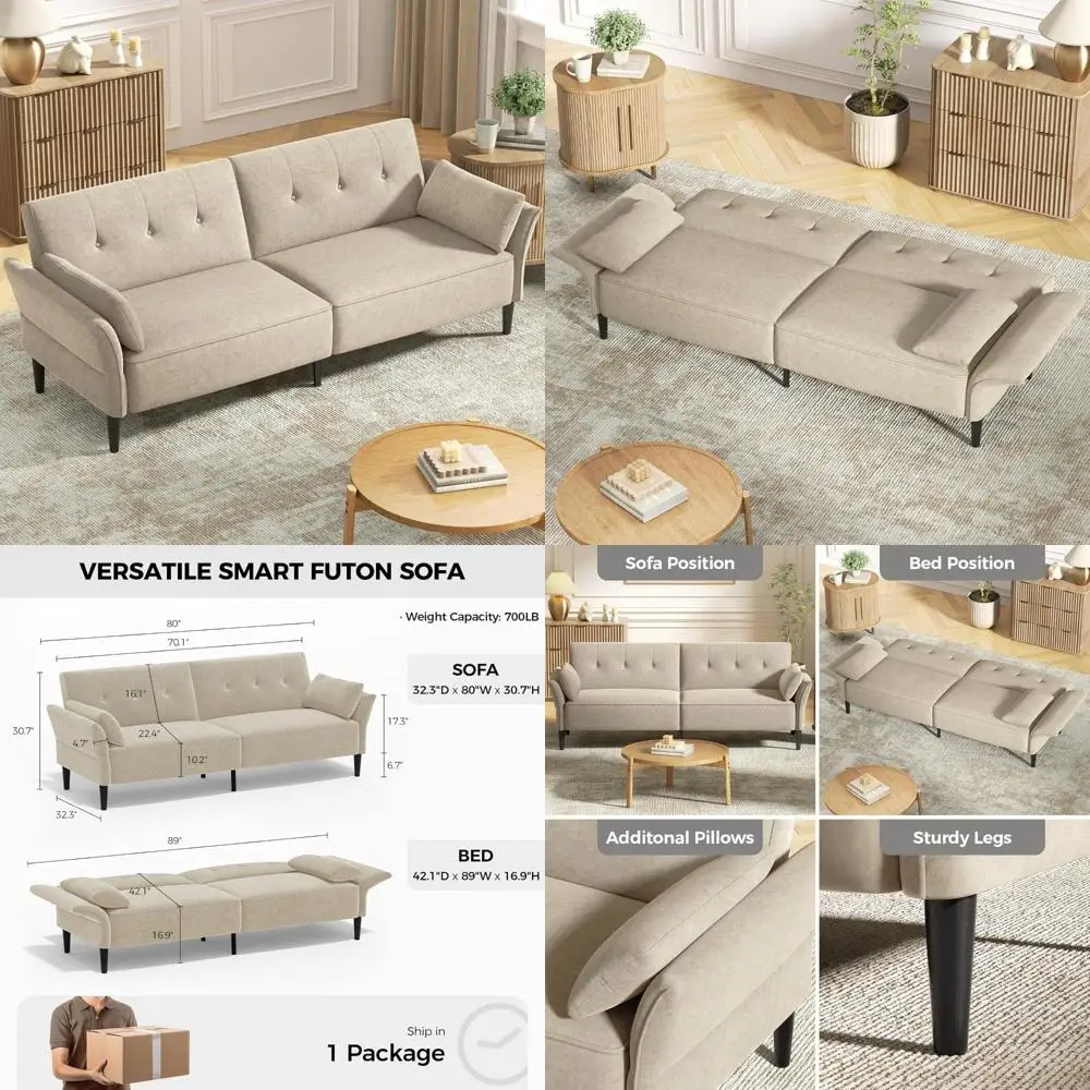 

89-inch Comfortable Futon Sofa Bed with Pillows, Convertible Couch Bed, Adjustable Backrest and Armrests