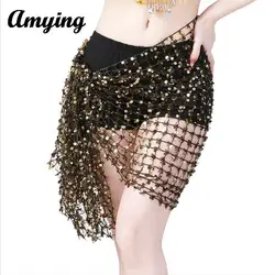 2024 Women New Dance Sexy Hollow Waist Chain Belly Dance Sequin Square Scarf Practice Hip Scarf Performance Waist Scarf Skirt