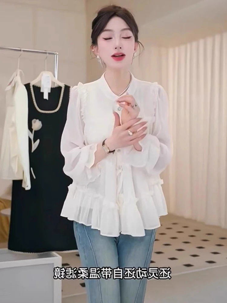 Ele suave sle longo sve chiffon irt solto ajuste versátil madeira ain doce emagrecimento outono topo feminino faion