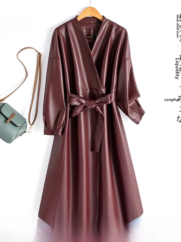   Cappotto in Vera Pelle Ning per Donna, Lunghezza Media, Versione Coreana Primavera-Autunno 2025, Slim Fit, Cappotto Nero in Pelle Bovina