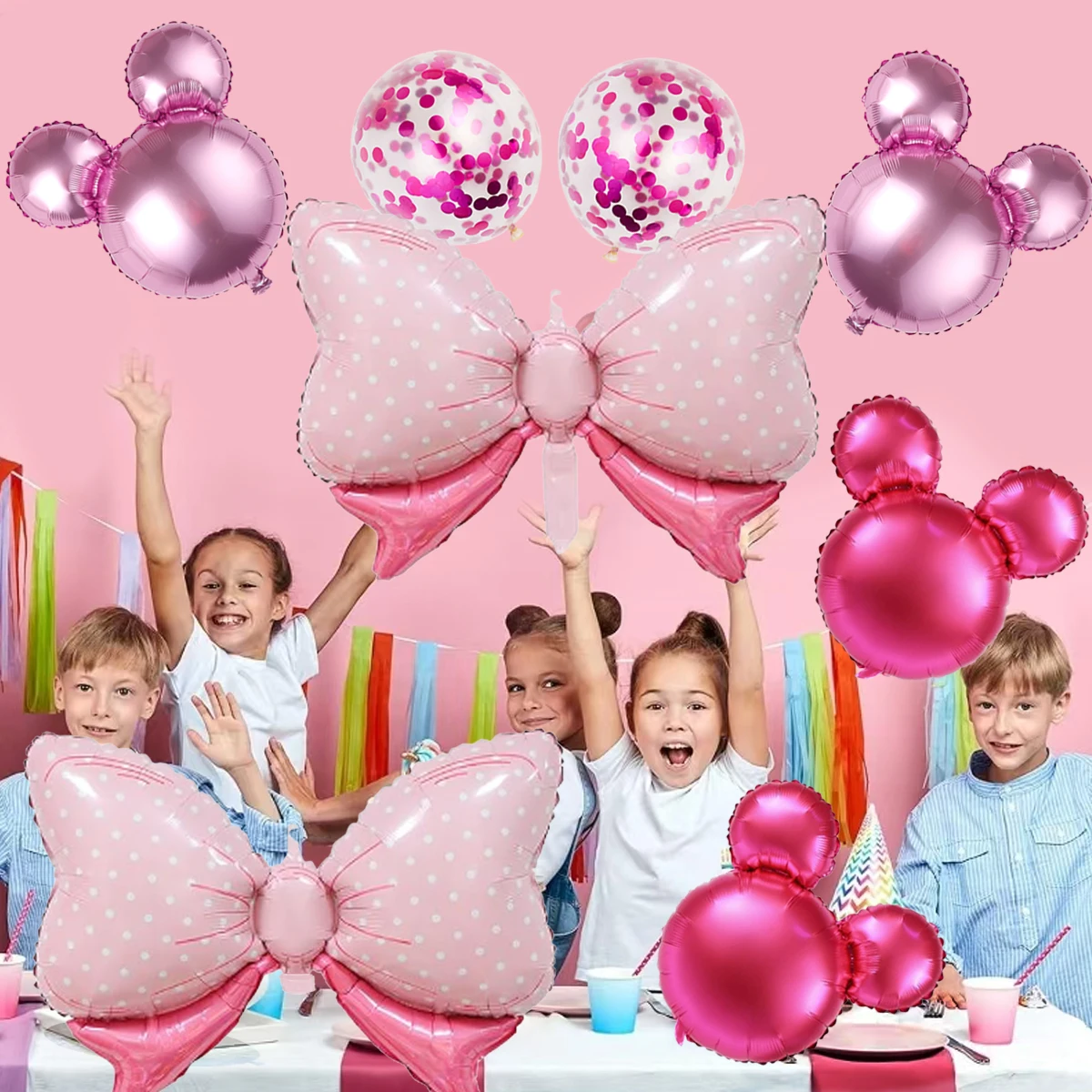 1set of pink mouse bow knot balloons, suitable for Minnie, Disney, baby shower, wedding, birthday, anniversary, party scene girl