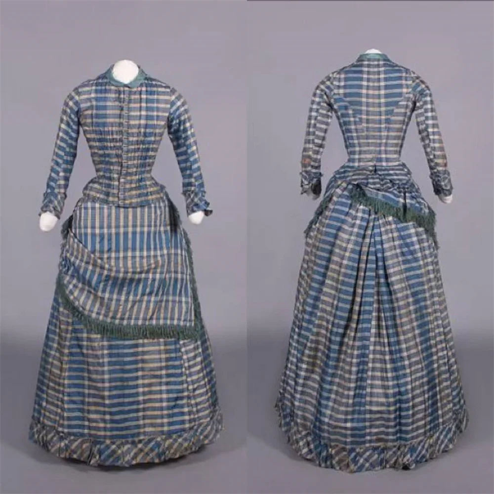 

1880s Victorian Plaid Walking Bustle Dress Civil War Costume Duchess Vintage Edwardian Evening Dress Ball Gown