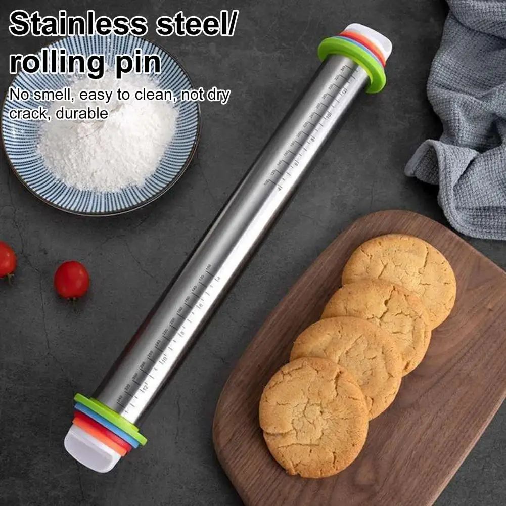 Stainless Steel Rolling Pin with Thickness Rings for Baking Adjustable Dough Roller for Fondant Pizza Pie Pasta Kitchen Baking S