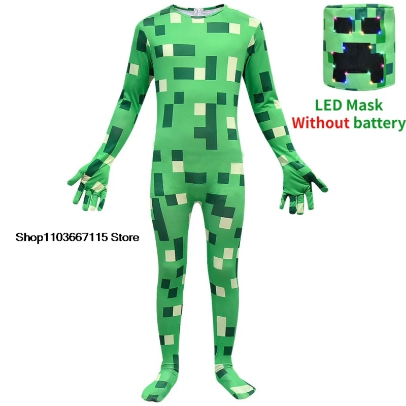 Kids Boys Girls Anime Game Green Check Print Long Sleeves Jumpsuit Mask Set Outfit Christmas Role Play Halloween Cosplay Costume