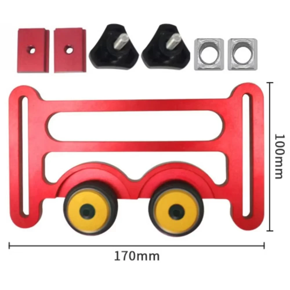 

Adjustable Table Saw Clamp with Bearing Roller Feed Wheel and Flexible Rubber Wheels for Woodworking T Slot Tables