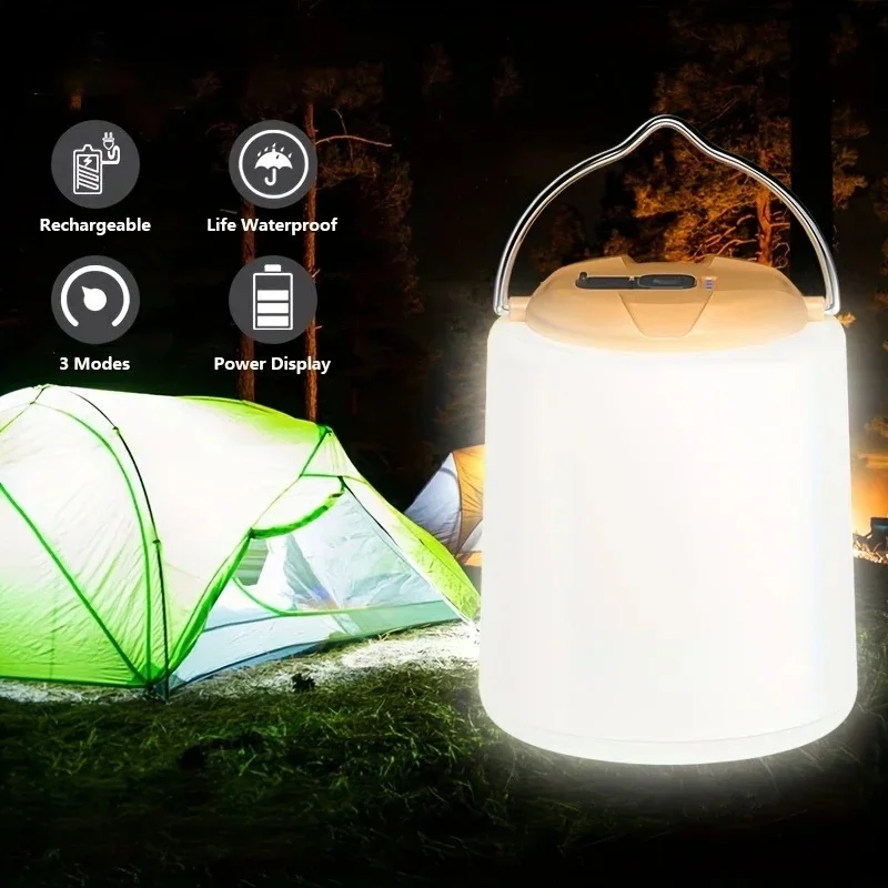 Waterproof Portable LED Camping Lantern with Hook USB Rechargeable Hanging Bulb Light for Tent Emergency Night Market Light