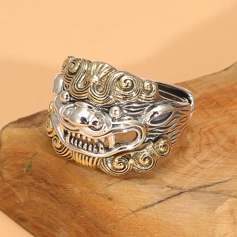 

S925 sterling silver pixiu ring for men and women retro ethnic style big mouth transshipment mythical beast