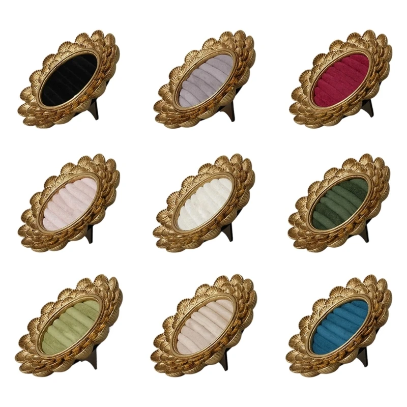 Antique Ring Tray, Oval Jewelry Display Holder with Gold Tone Frame for Dresser Display and Studio Setups