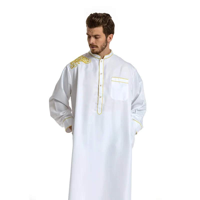 Men Middle East Muslim Ethnic Embroidery Long-sleeved Loose Stand-up Collar Robe Men