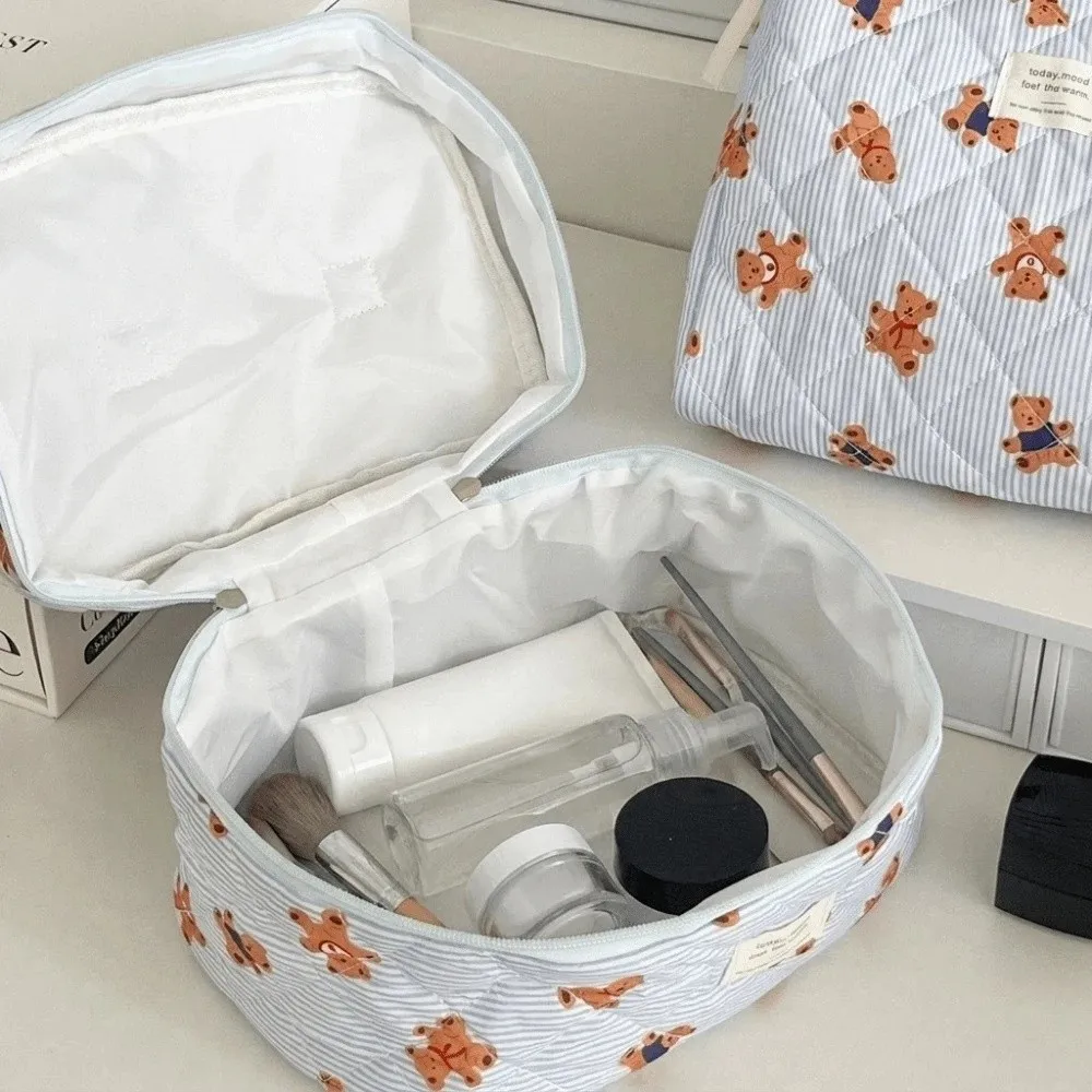 3PCS Multi-Layer Quilted Cotton Makeup Bag Soft Large Capacity Toiletry Pouch Zipper Portable Cartoon Cosmetic Organizer Women