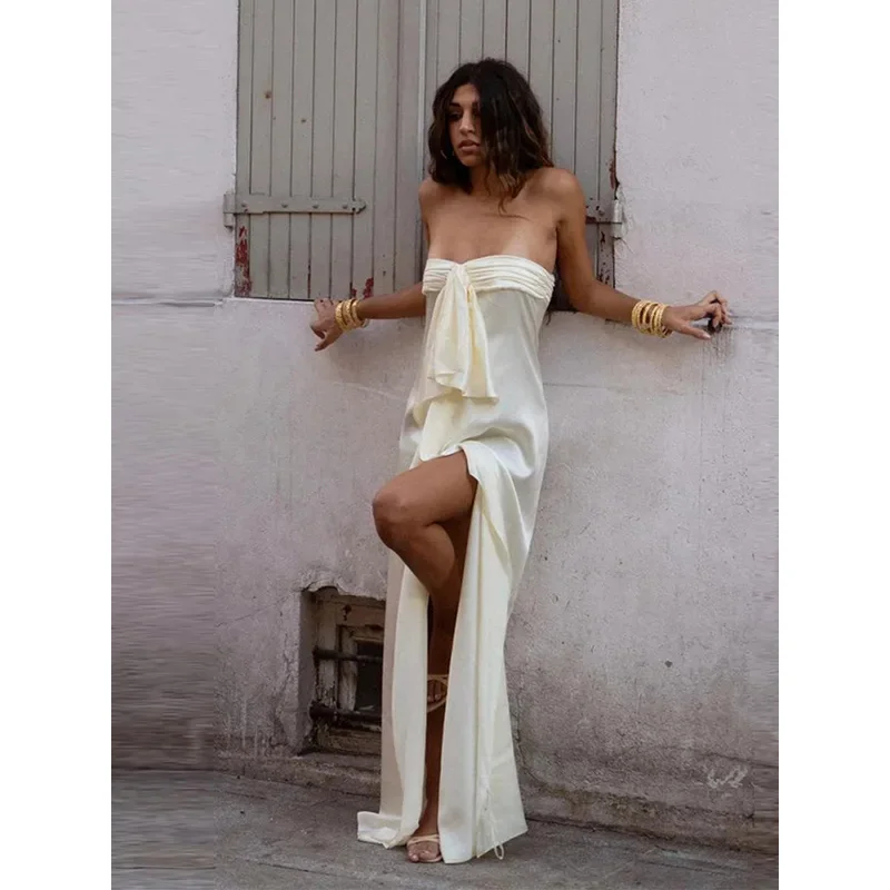 Women's Elegant Satin Long Evening Gowns Sexy Strapless Backless Ruched Split Party Long Dress 2026 New Lady Summer Dresses