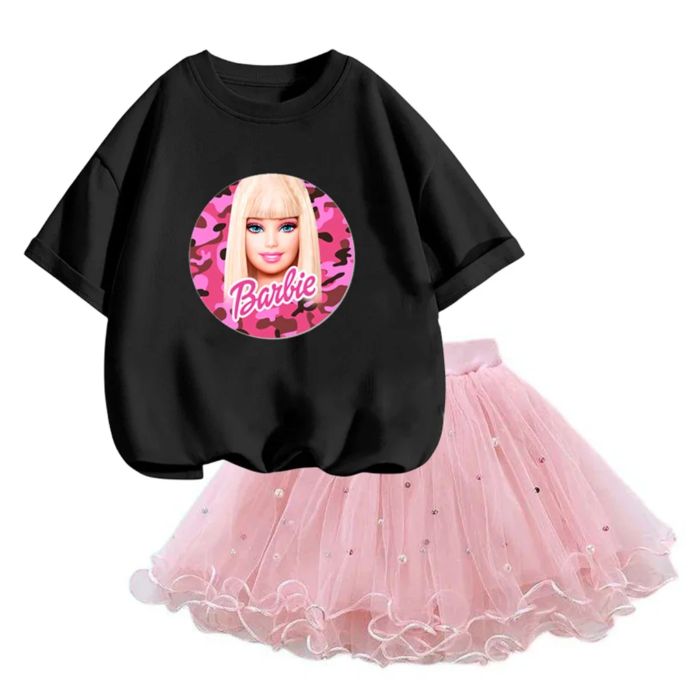 2024 Summer Barbie Print baby Suits Short-sleeved T-shirt and Tulle Skirt 2Pcs Sets Girls Party Clothes Outfits