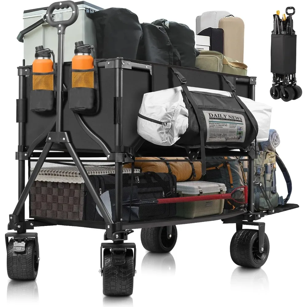 

Double Decker Wagon Heavy Duty Collapsible, 600LBS 400L Capacity Foldable Utility Cart with Big Wheels for Beach, Outdoor
