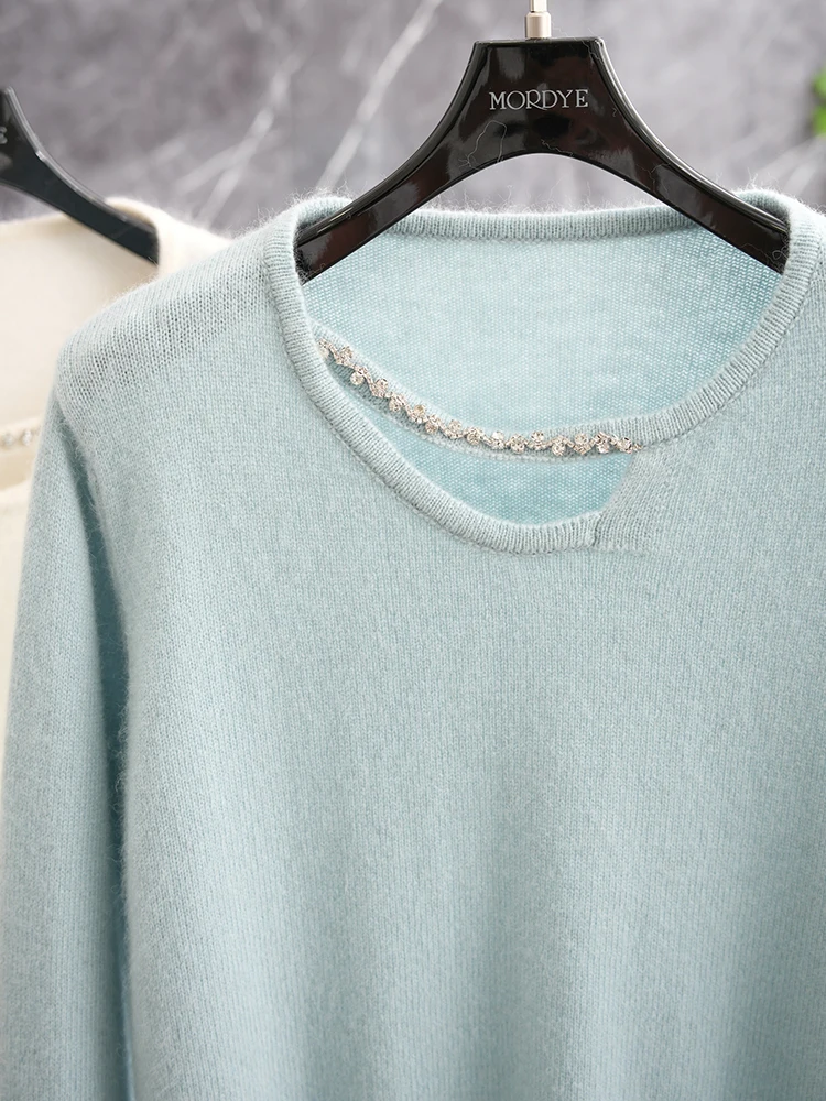 

Elegant Water Blue Knitted Sweater with Embellished Beads Hollow out Design Fufu Plush Heavy Work Ladylike Straight Cut Wool ...