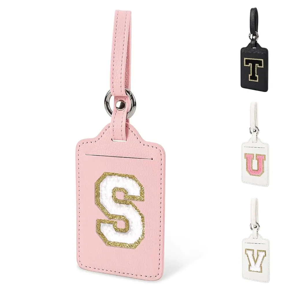 

Бирка для багажа с инициалом S для чемоданов, персонализированная из искусственной кожи, с защитной крышкой для именной карточки, розовая, милая, от A до Z
