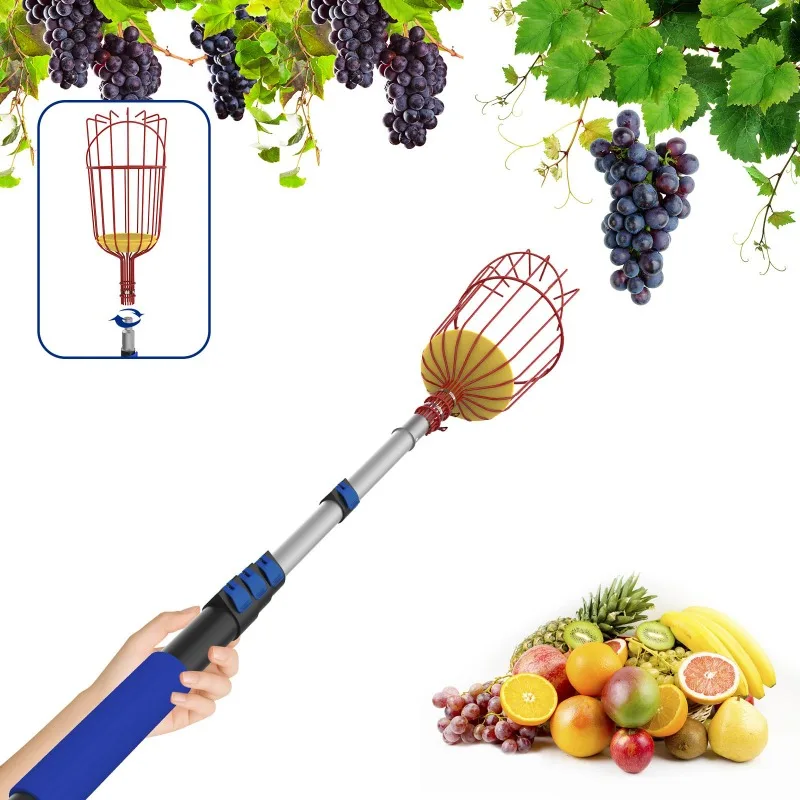 20 Feet Reachable Fruit Picking Pole Basket Extendable Retractable Plastic Manual Apple Picking Avocado Fig Mango