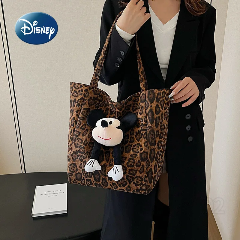 Disney Mickey New Women's Handbag Leopard Print Fashion Women's Shoulder Bag Cartoon Doll Casual Women's Bag Large Capacity