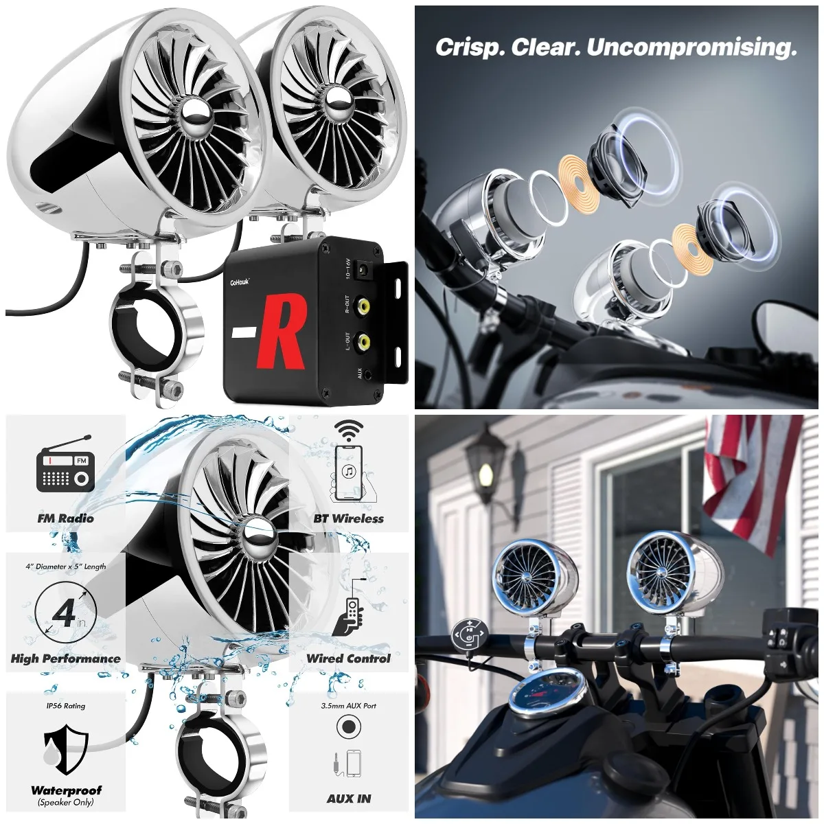 

Bluetooth Motorcycle Speakers with Amplifier, FM Radio, 4' Weatherproof, Wired Control for ATV & Motorcycle