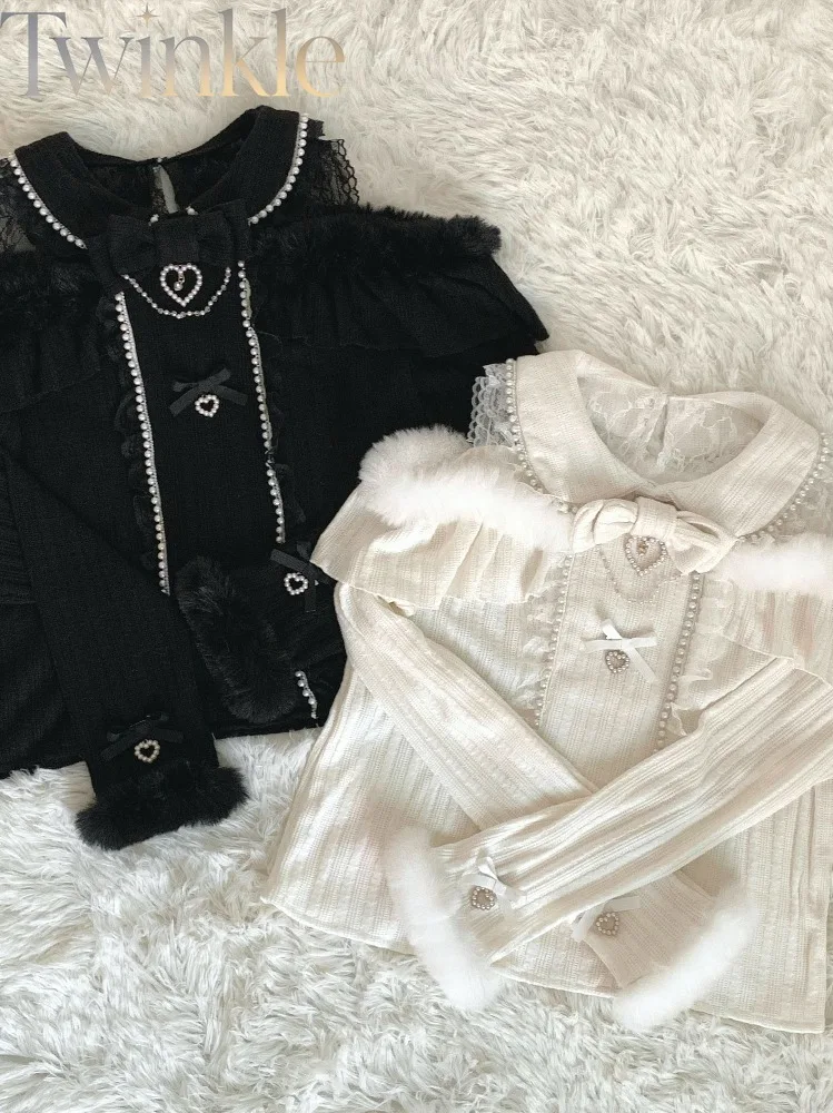 Kawaii Bow Knit Sweater Pearl Lace Heart Detail Fuzzy Long Sleeve Top Japanese Sweet Coquette Fashion