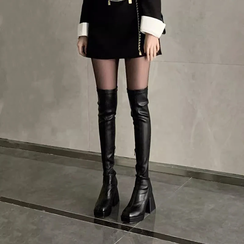Herbst Winter Street Style Stretch Overknee Stiefel Frauen Mode Runde Kappe Quadratische Plattform Heels Lange Booties