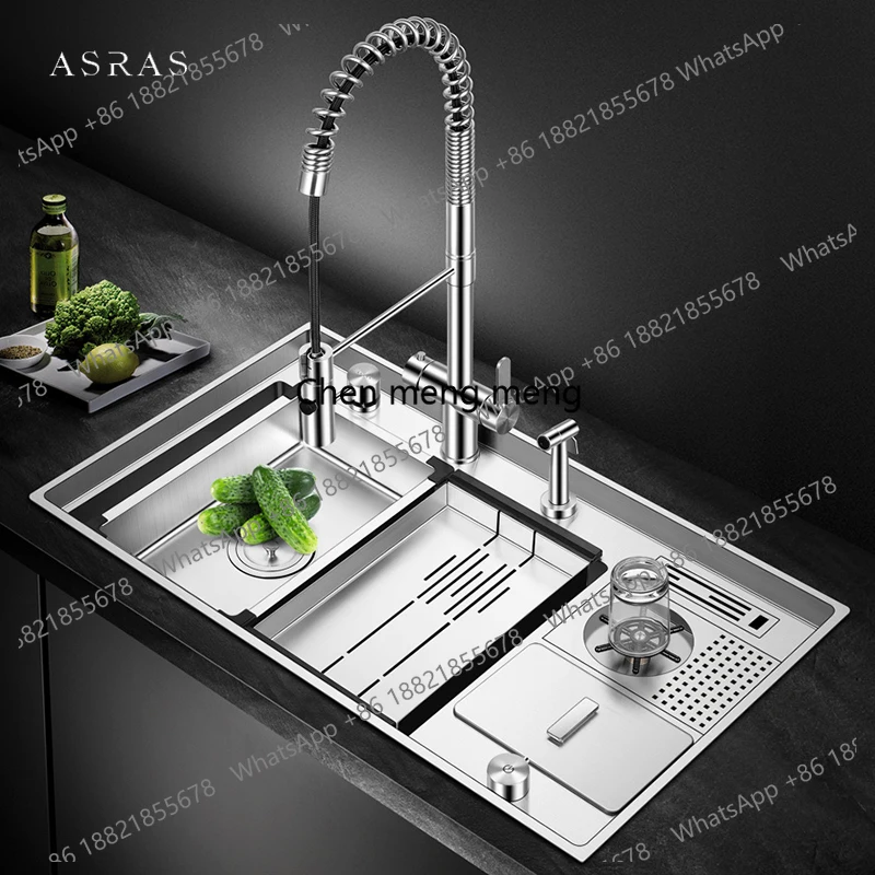 Large Size SUS 304 Stainless Steel kitchen Sink 4mm Thickness Handmade Single kitchen Sinks With Cup Rinser And Trash Can