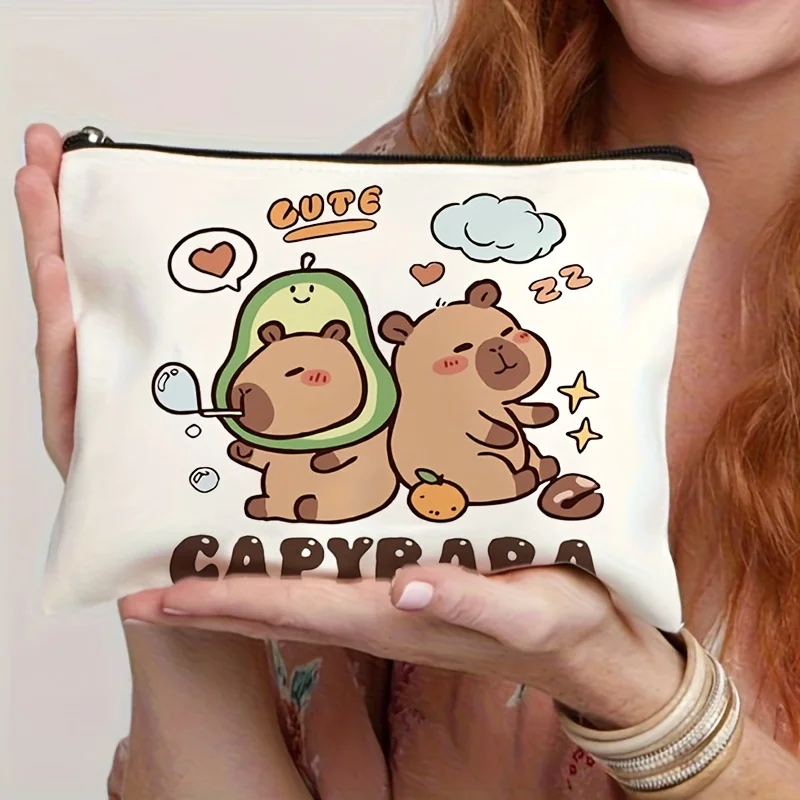 Capybara Canvas Makeup Bag，Cute zipper bag，Features a cute cartoon capybara design，Lightweight and foldable women's toiletry org