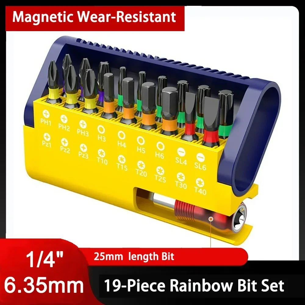 

6.35mm 1/4" 19PCS Magnetic Rainbow Screwdriver Bits Set PH1 PH3 PH3 PZ1 PZ2 PZ3 H3 H4 H5 H6 T10 T15 T20 T25 T30 T40 SL4 SL6