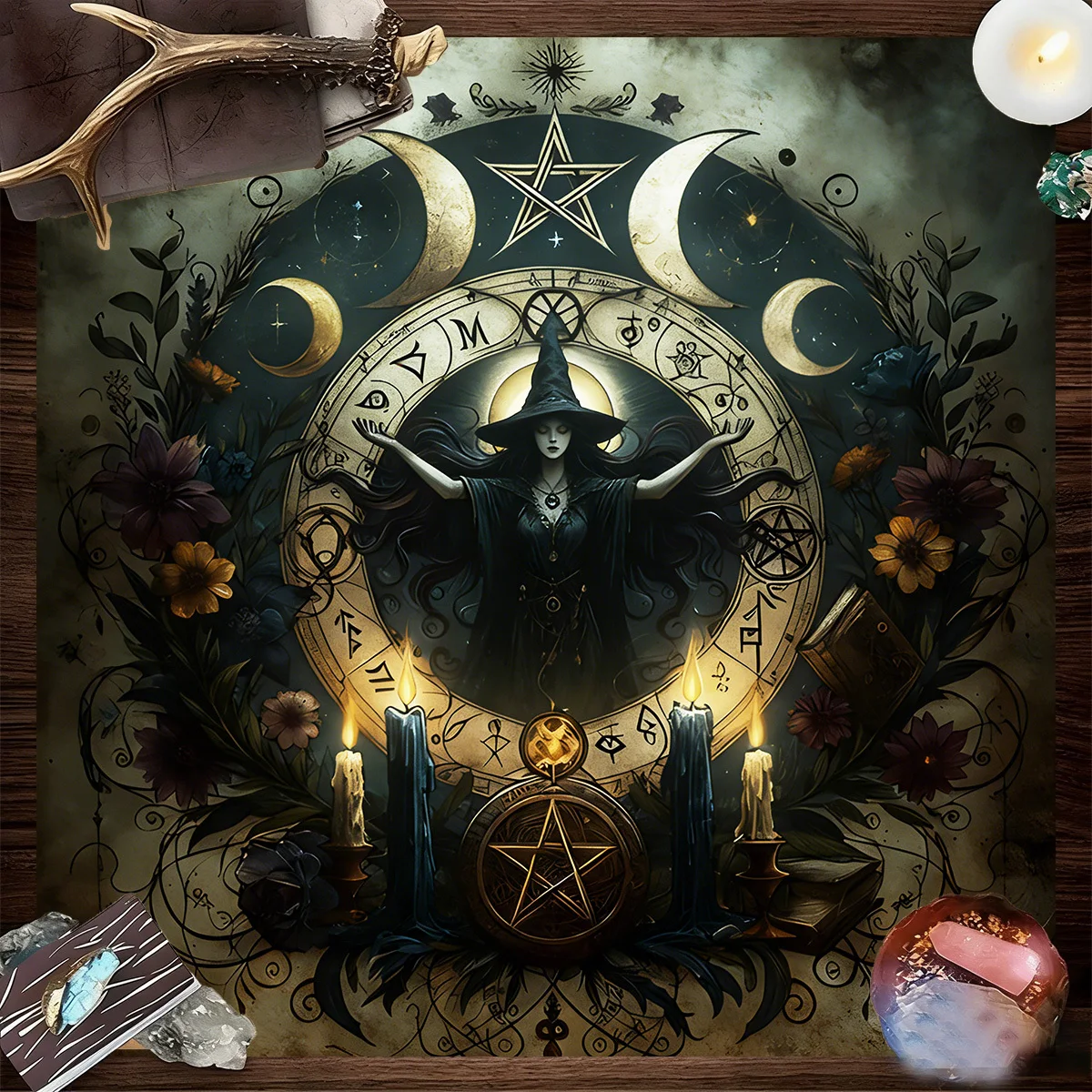 Tarot Cloth Small Tarot Cloth Three Card Spread 1Pc, Vintage Flower Altar Cloth, Moon Night Witch Magic Astrolabe Rune view 2