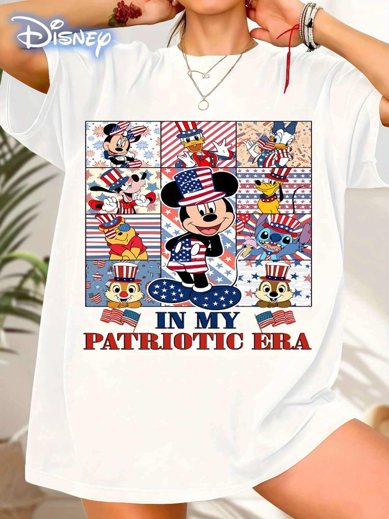 

2025 Disney Pattern Printed Women's Casual Comfortable Unique Smiling Face Black Round Neck Short Sleeve T-shirt