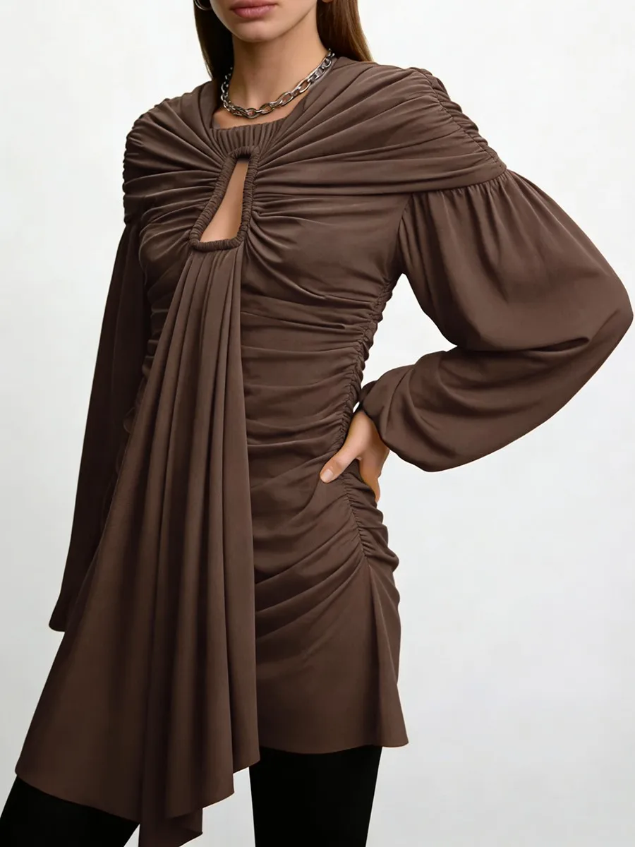 TWOTWINSTYLE الصلبة الجوف خارج تقسم طيات فساتين الموضة للنساء الجولة الرقبة طويلة الأكمام المرقعة الشريط فستان أنثى جديد