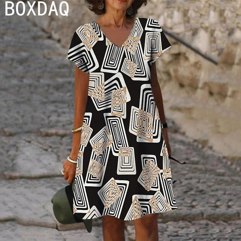 Vintage Woman Elegant Loose A-Line Dress Women Summer Short Sleeves V-Neck Casual Dress 3D Geometry Plaid Printed Dress Vestidos